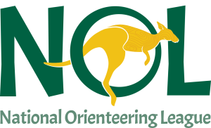 National Orienteering League logo with green NOL letters and a yellow running kangaroo crossing the O.