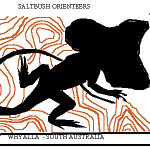 Silhouette of a person running as an orienteering figure over an orange topographic map background (South Australia region).