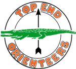 Logo for Top End Orienteers: a compass with orange text 'TOP END' top arc and 'ORIENTEERS' bottom arc, crossed by a green oar across the center.
