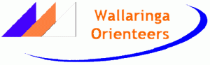 Logo for Wallaringa Orienteers featuring orange text and a blue curved swoosh with purple and orange triangular shapes on the left.