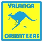 Logo for Yalanga Orienteers: a blue leaping kangaroo on a yellow background with a blue border and the club name YALANGA ORIENTEERS