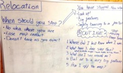 Whiteboard with the word Relocation at the top, showing two sections: a 'When should you stop?' checklist and a 'You have stopped now?' question list with bullet points.